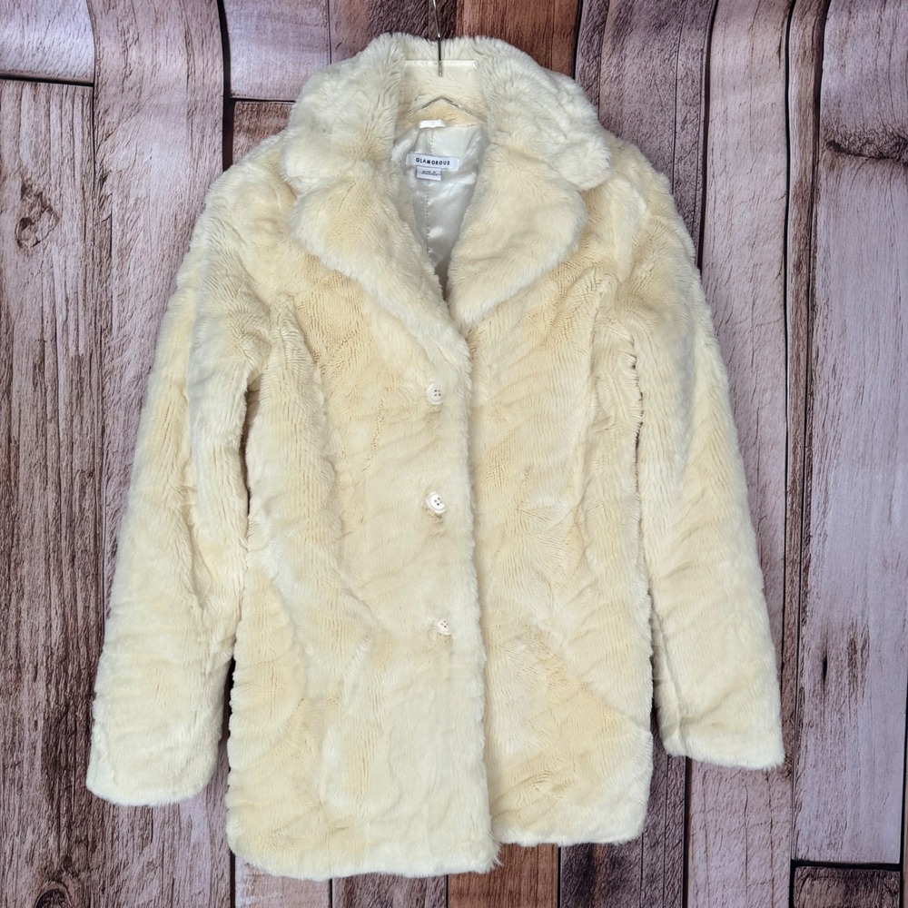 Glamorous Coat Faux Fur Teddy Old Hollywood Statement Winter Glam Ivory Small
